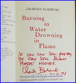 Burning in Water CHARLES BUKOWSKI SIGNED Presentation Copy First Edition 1974