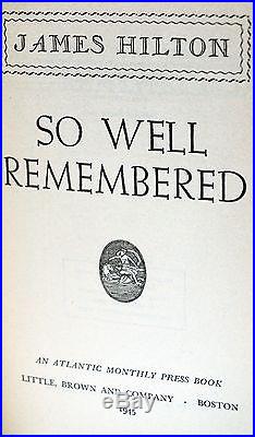 So Well Remembered Signed James Hilton First Edition 1945 1st Printing Rare Book